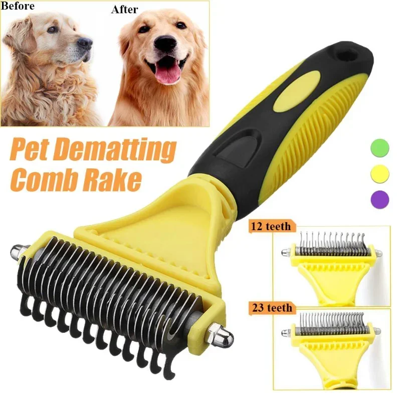 Pets Stainless Steel Grooming Brush Two-Sided Shedding and Dematting Undercoat Rake Comb for Dog Cat Remove Knots Tangles Easily