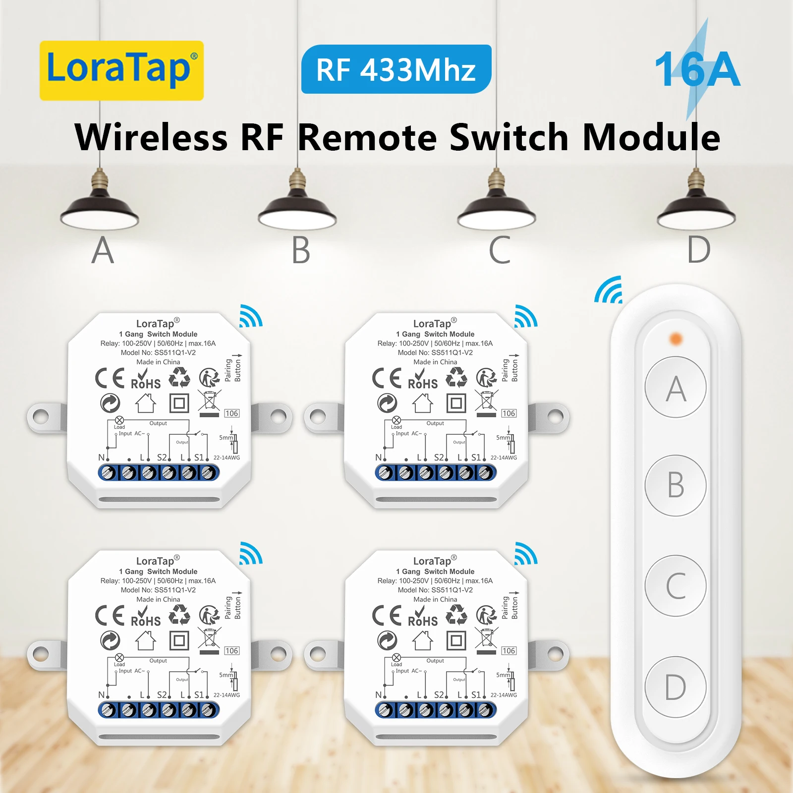 LoraTap Wireless RF 433Mhz 16A Two-ways Control Switch Relay Module With 4 Gang Remote Kit Compatible Multiple Wall Switches