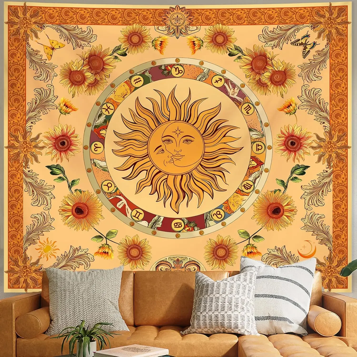 Boho Sun and Moon Yellow Tapestry for Bedroom, Vintage Indie Hippie Orange Wall Tapestries, Nature Sunflower Blanket Cute Wall