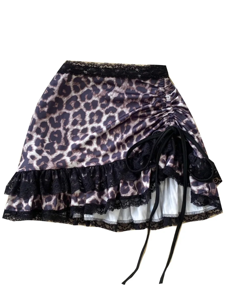 Foamlina été dentelle à volants imprimé léopard Mini jupe européen Ins pur désir conçu cravate taille haute Mini jupe