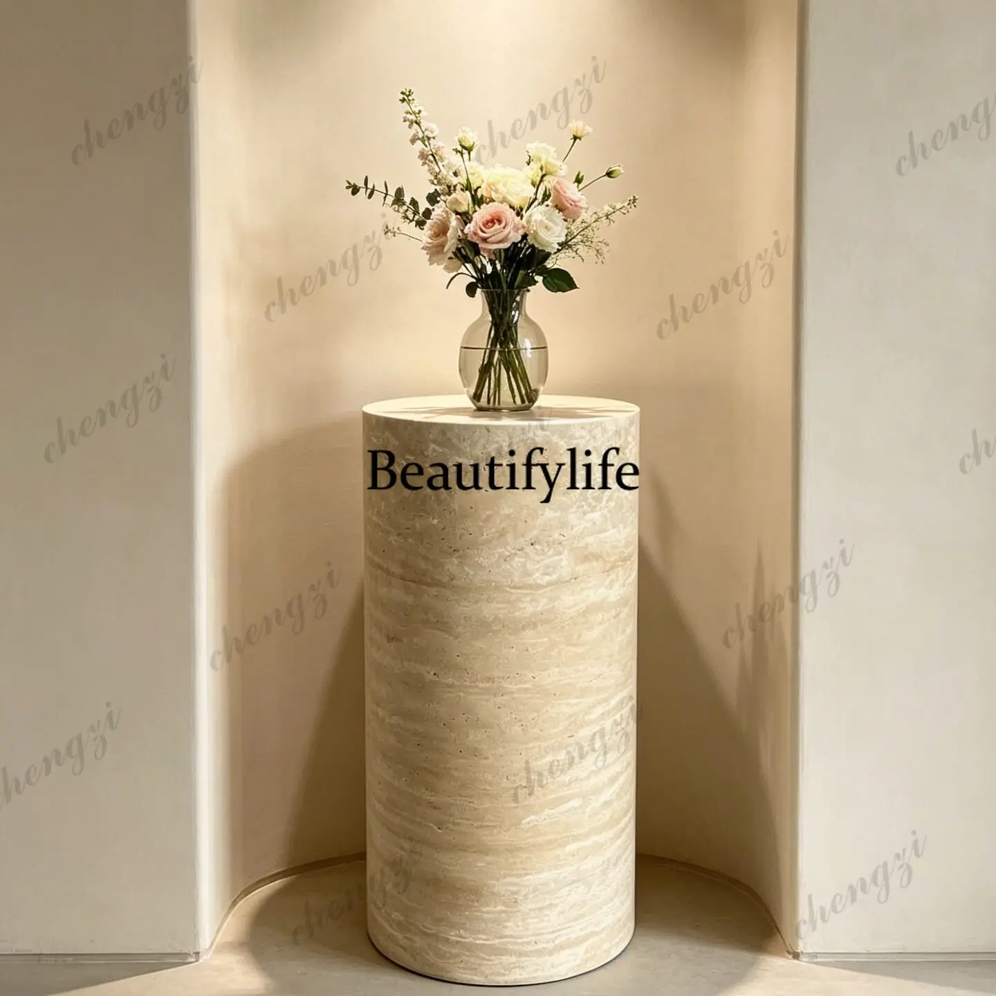 Travertine floor-to-ceiling cylindrical ornament modern living room entrance booth decorative stone pier