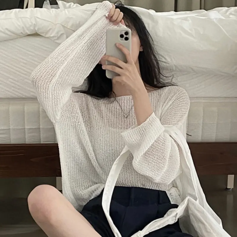 

Chic Summer Vintage Loose Fit Long Sve Knitted Sun Protection irt Casual Thin Micro Translucent round Ne Top for Women