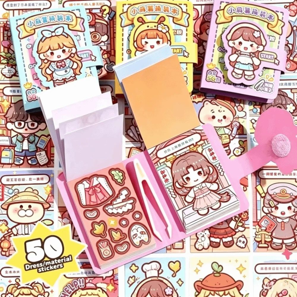 Self Adhesive Mini Dress-Up Sticker Book Pre-Cut Stickers Portable Cartoon Decorative Sticker Book Tweezer Included