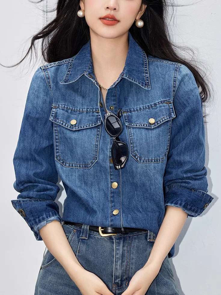 

Retro Denim Jaet Women's Long Sve Loose irt Faionable Versatile Top Spring Autumn New Sle High-End Feeling
