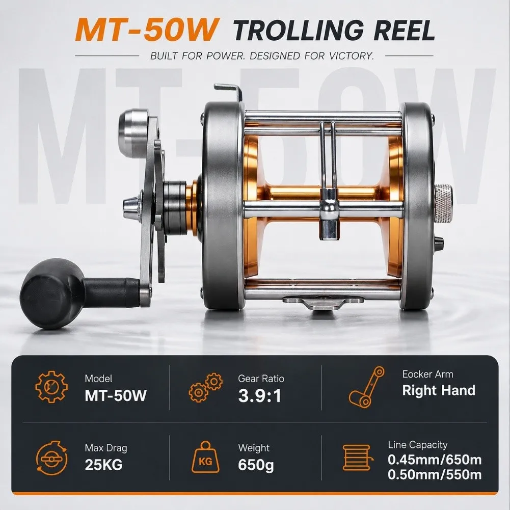 MT 50W Trolling Reel Right Hand 3.9:1 Gear Ratio 25KG Max Drag Sealed Bearings Smooth Retrieve for Saltwater Use