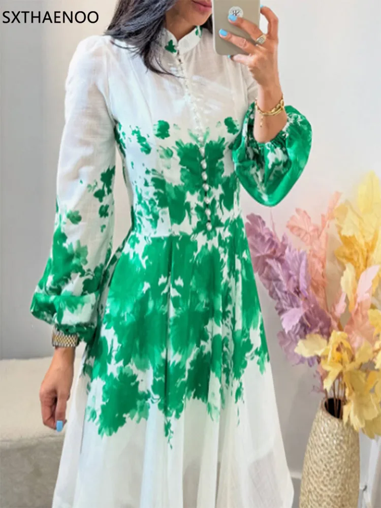 

SXTHAENOO Bohemia Holiday Printing Mid Dress Women Lapel Lantern Sleeve High Waist Spliced Lace Up Elegant Dresses FemaleFashion