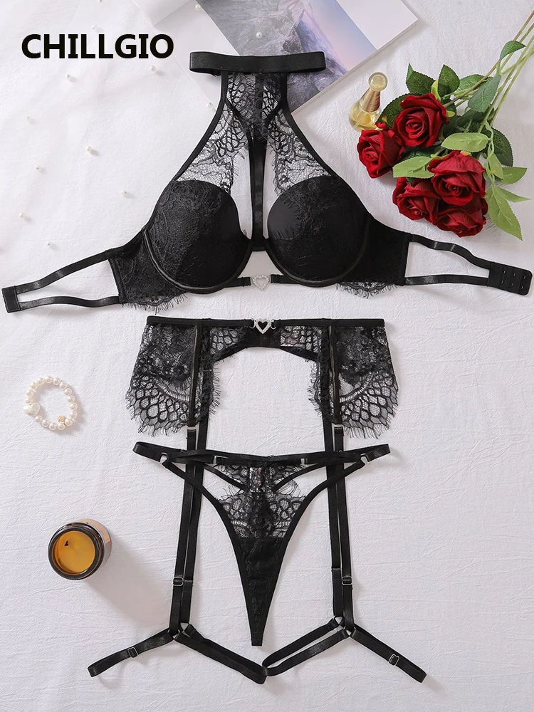 

CHILLGIO женский кружевной бюстгальтер и трусики, нижнее белье, сексуальный горячий бюстгальтер на косточках, пуш-ап, модный комплект из 3-х предметов, черный порно, комплекты нижнего белья с лямкой на шее