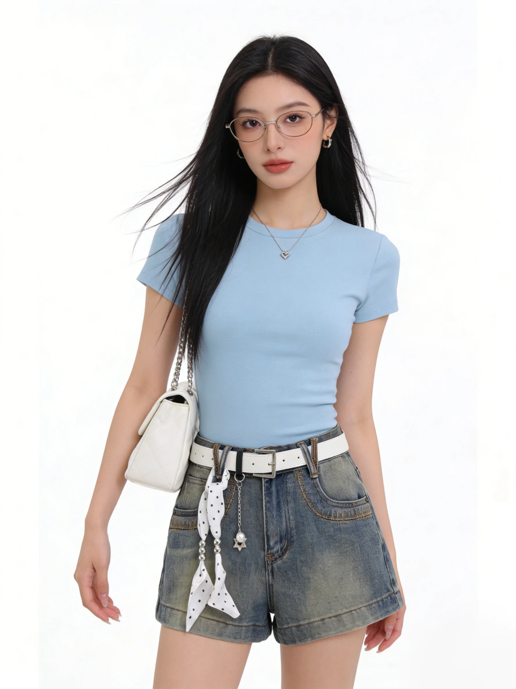 

Retro Washed Light Blue Elastic Denim Wide Leg Pants Slimming High Waist Shorts 2026 Trendy Tight Hot Pants Korean Style Summ...