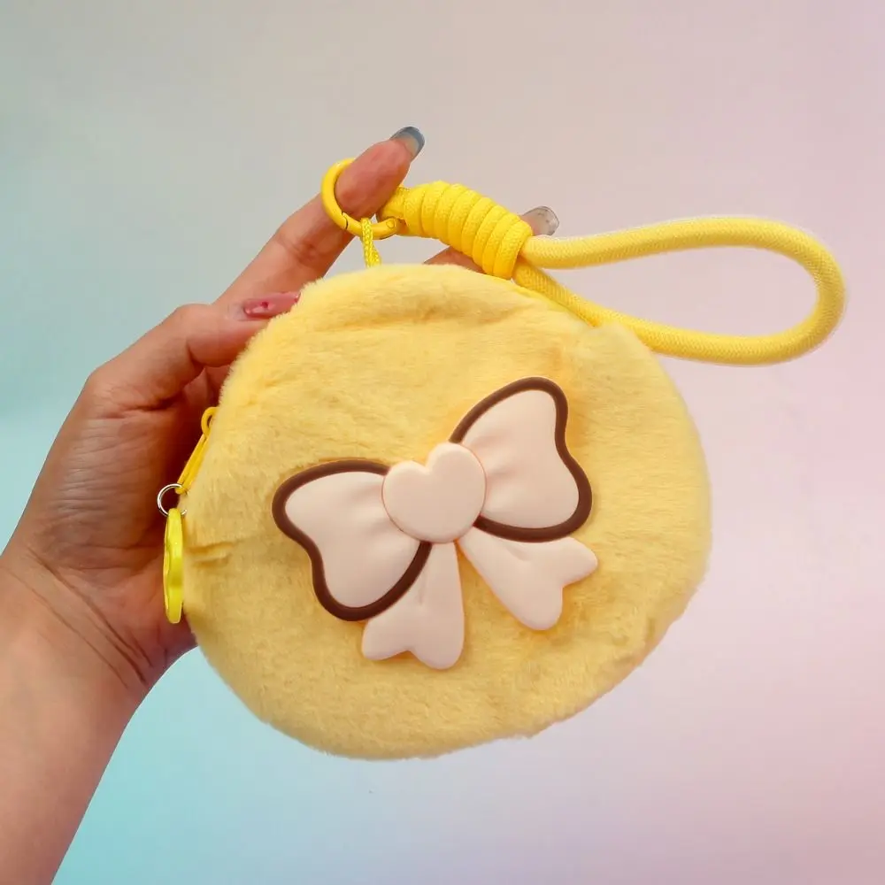 

Portable Bowknot Wrist Storage Bag Plush Zipper Coin Purse Solid Color Soft Small Wallet