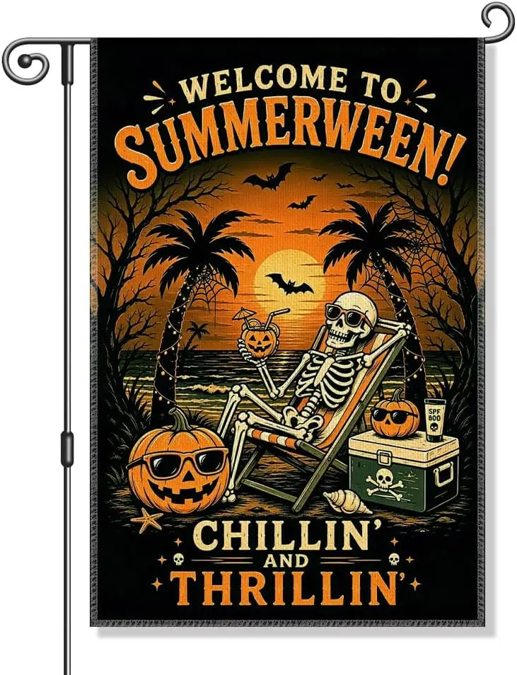Summerween Skeleton Beach Halloween Garden Flag 12x18 Double Sided | Spooky Summer Pumpkin Yard Flag, Tropical Halloween Hom llp