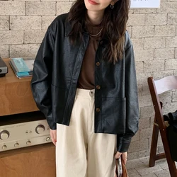 Chaqueta corta de piel sintética para mujer, abrigo básico con cuello de solapa y botonadura única, Tops de otoño e invierno, 2023