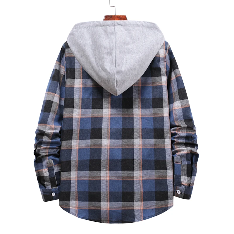 Mens Plaid Hooded Checked Flannel Shirt 2022 Casual Loose Long Sleeve Blouse Tops Men Chemise Homme Social Shirt Jacket Clothes