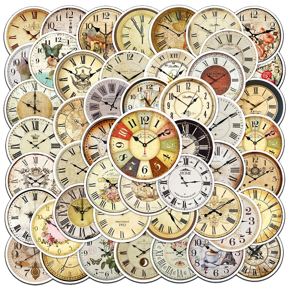 10/30/50pcs Nostalgic Clock Cartoon Stickers Vintage Decals DIY Scrapbooking Luggage Phone Case Classic Vinyl Retro Sticker Toys