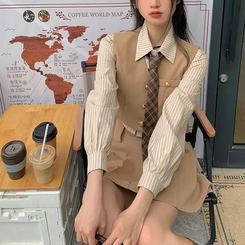 كوريا طويلة الأكمام أعلى أسود تنورة قصيرة دعوى النادي الليلي حزب اللباس جديد نمط Preppy تنورة صغيرة الربيع y2k أربع قطع مجموعة النساء #5