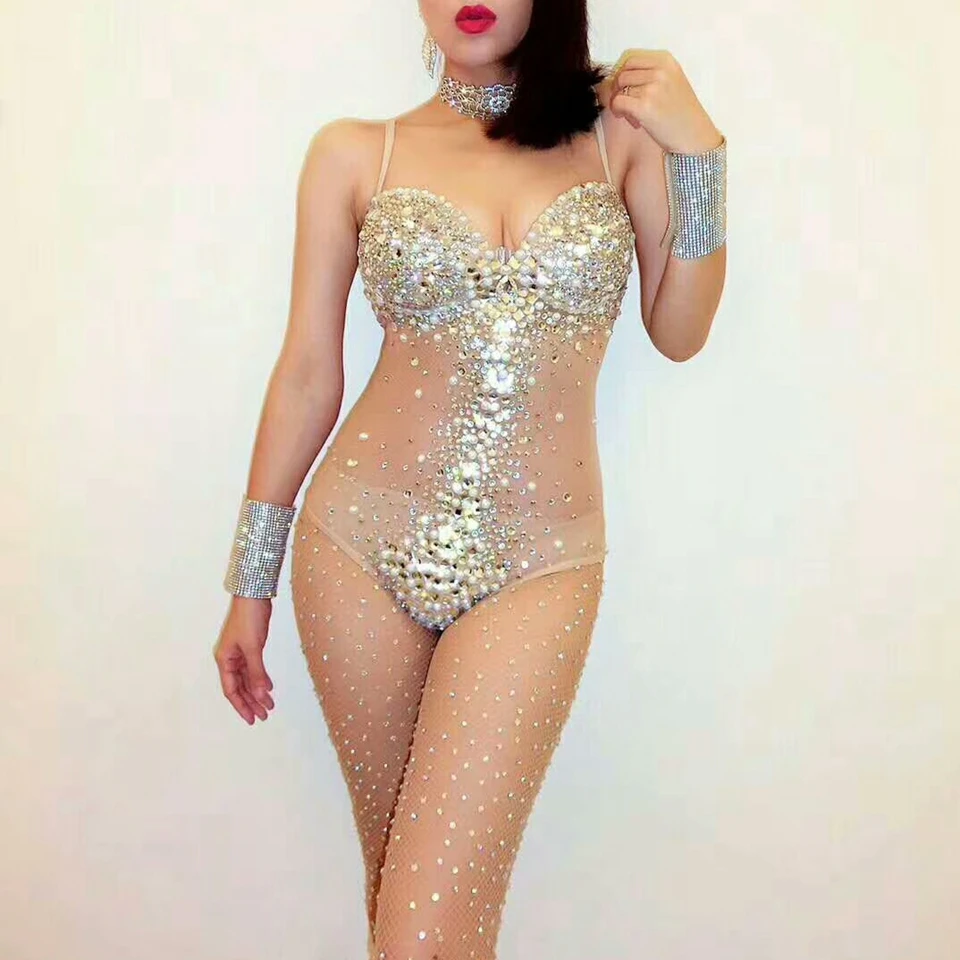 

Sexy V Neck Perspective Mesh Striped Rhinestone Bodysuit Women Singer Stage Performance Costume Luxurious Gemstones Pearls Dress