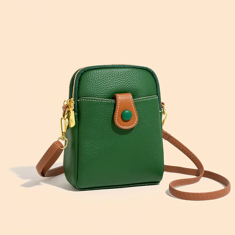 Ladies' genuine leather mobile phone storage crossbody top layer cowhide contrasting color large-capacity single-shoulder bag