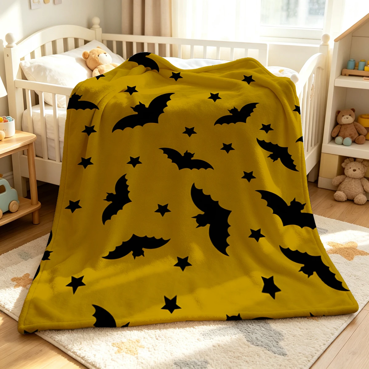 Mustard Bats Black Stars Flannel Blanket Warm Soft Halloween Christmas Decorative Couch Warm Cozy All-Season Gift