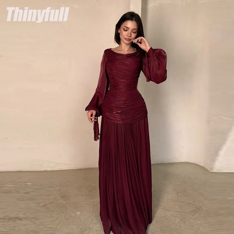 

Thinyfull Mermaid Burgundy Arab Prom Dresses Full Sleeves O-neck Evening Gown Long Formal Dress robes de soirée Customized