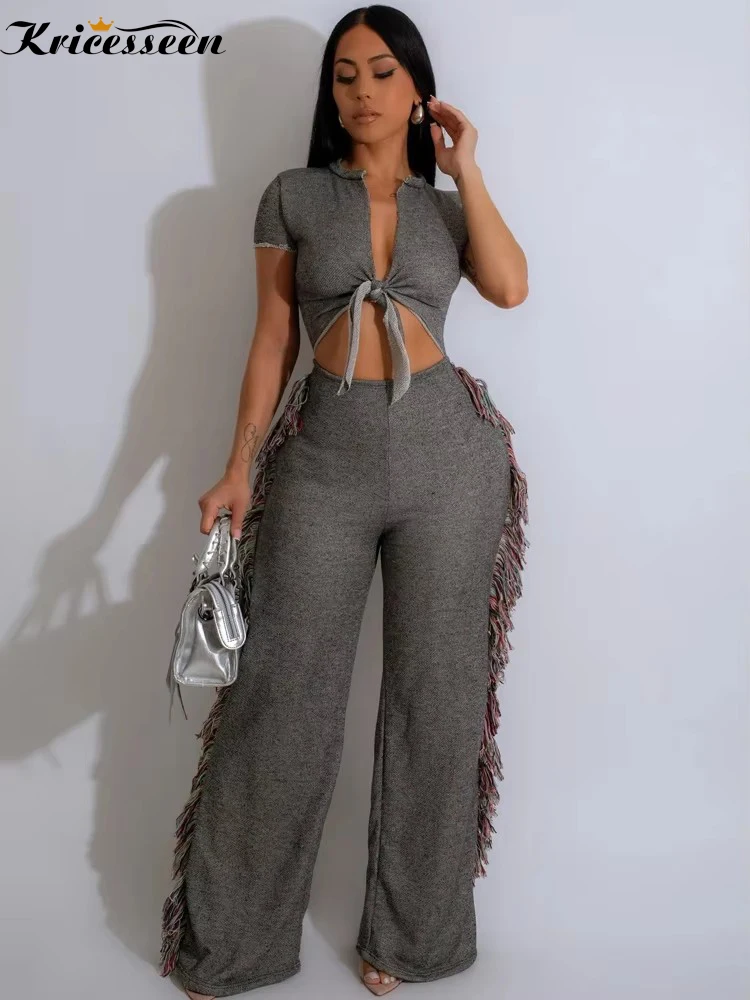 

Kricesseen Casual Short Sleeve Cut-Out Tassel Details Wide Legs Jumpsuits Women Tie-Fornt Fringed Long Pants Jumpsuits Clubwear