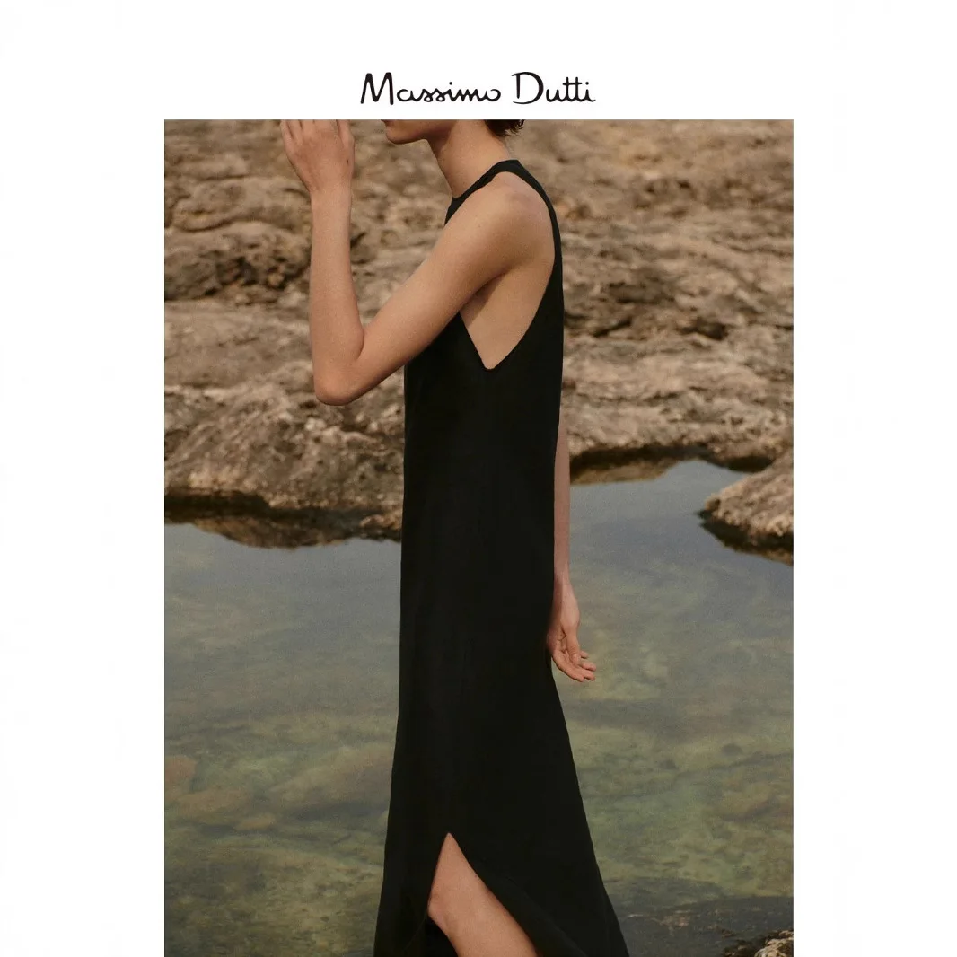 فستان MassimoDuti النسائي لربيع وصيف 2025 الجديد ذو الرسن النحيف المفتوح الطويل بدون أكمام فستان أسود صغير