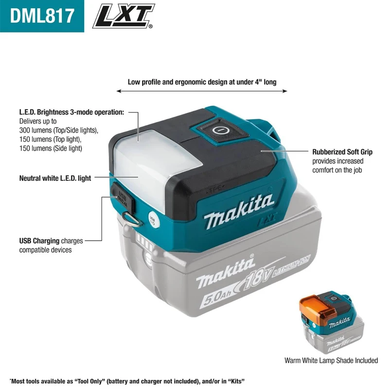 Makita DML817 18V LXT Compact Li-ion Cordless LED Compact Flashlight Worklight with USB Charging 300 Lumens Flashlight Only