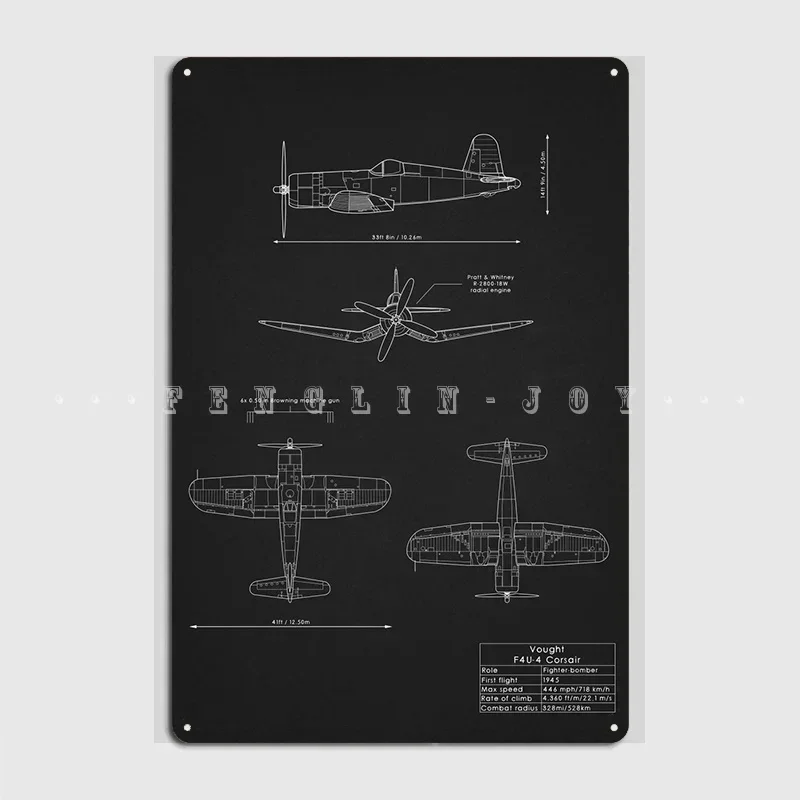 F4u Corsair Blueprint Metal Sign Cinema Kitchen Wall Retro Plaques Tin Sign Posters