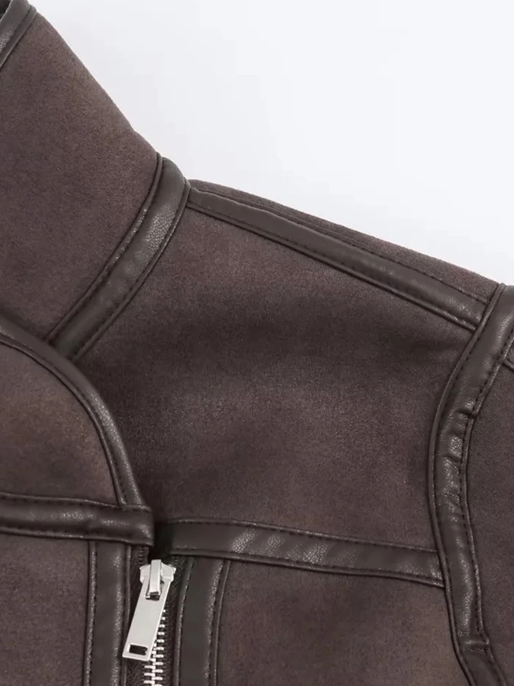 المرأة الجديدة الرجعية على الوجهين زيبر سترة الشارع الشهير فضفاض الوقوف طوق وسيم دراجة نارية سترة معطف خمر #4