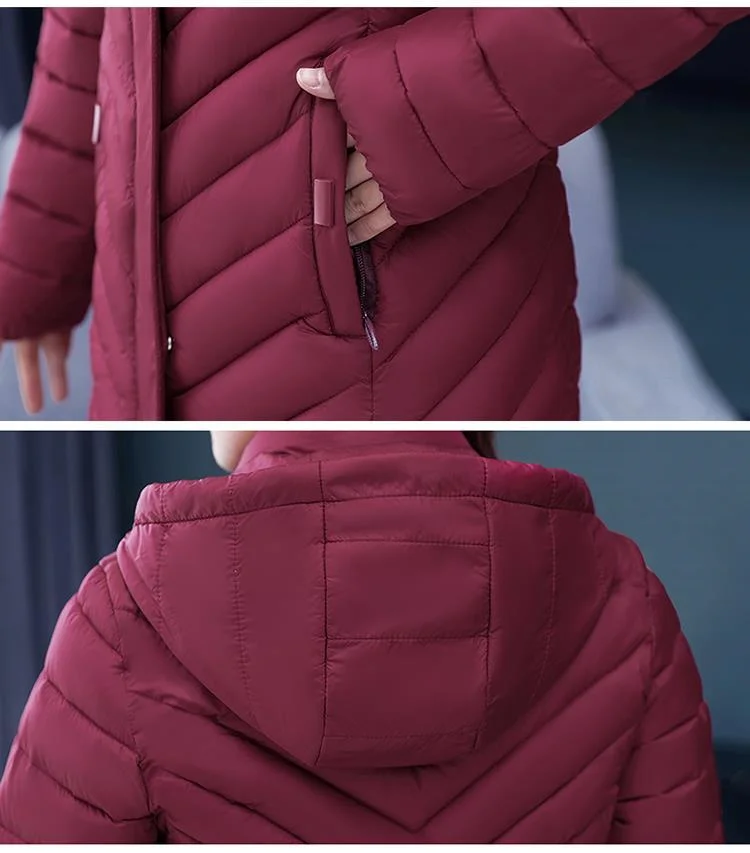 NEW Middle-aged Womens Down Cotton Coat Winter Long Warm Quilted Cotton Jacket Female Casual Hooded Parka Overcoat Purple 5XL