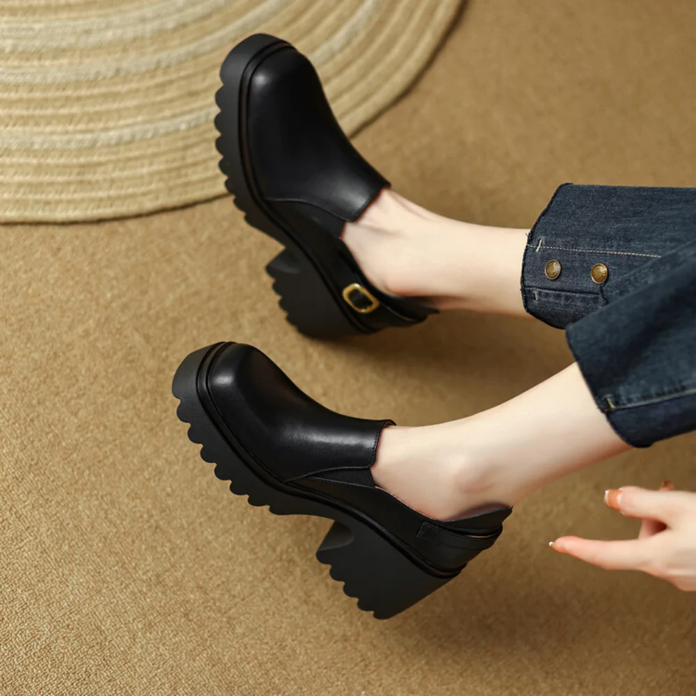 Platform Loafers Women Single Shoes Chunky Heel Pumps Leather Lolita Style Platform Square Toe Slip-On Sexy Shoes Lady Shoes