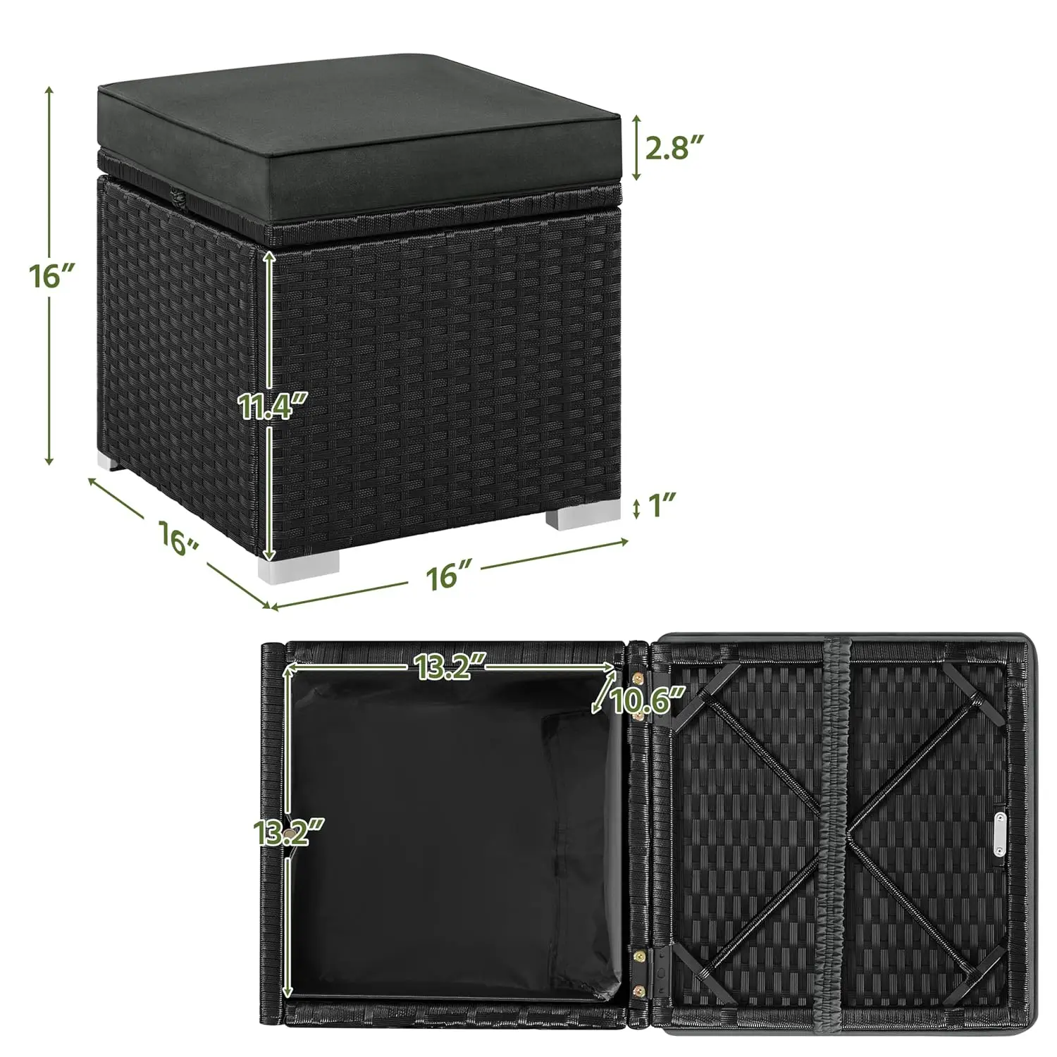 Wicker Ottomans, Set of 2 PE Rattan Side Tables, Black/Gray