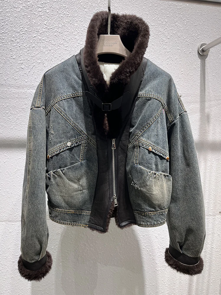 เสื้อแจ็คเก็ตยีนส์บุขนเป็ดสำหรับฤดูหนาว  คอปกขนแกะเมอริโนแท้  เสื้อพัฟเฟอร์ผู้หญิง  เสื้อโค้ทกันหนาวหนาสำหรับผู้หญิง