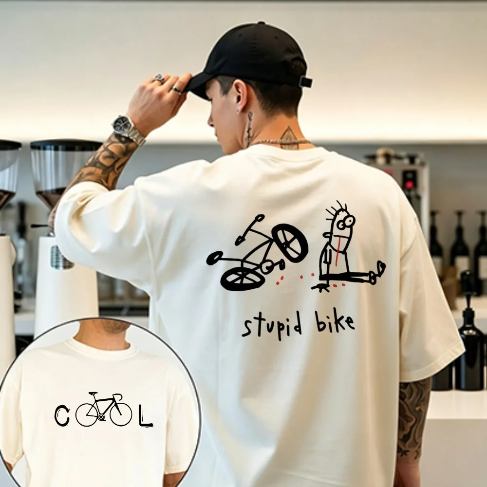 Cartoon Casual Short Sleeve Crew Neck T-Shirt for Men Novelty Graphic Tee Stupid Bike Cool Print Regular Fit Vintage Aesthetic