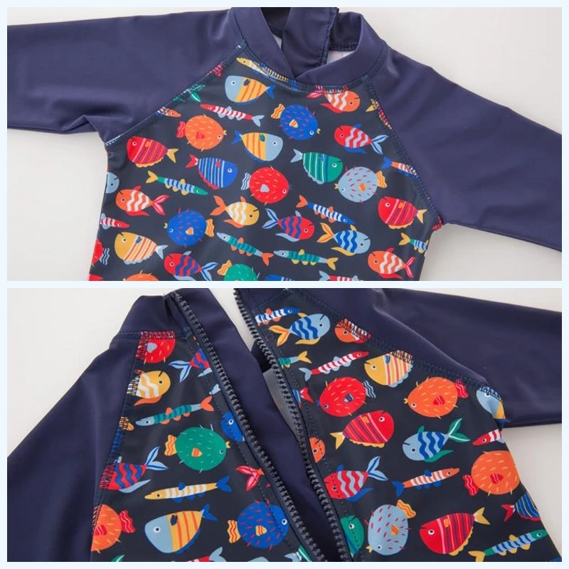 Swimwear do bebê dos desenhos animados das crianças, Top Quality Sunscreen Swimsuit, Little Fish Pattern Beachwear para crianças