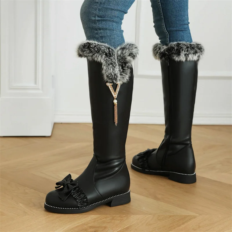 2023 Sweet Style Butterfly-knot Fringe Fur Knee High Boots Winter Low Heel Zipper Princess Botas Party Shoes for Women Plus Size