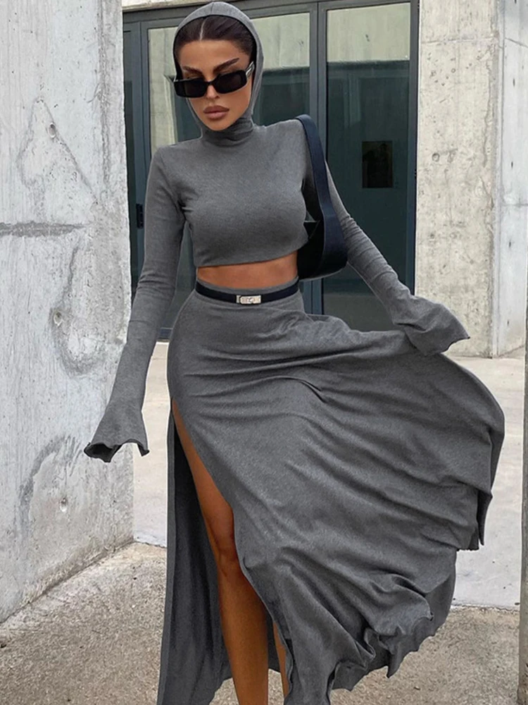 Mumaroho 2024 Winter Spring Women Office Lady Solid Maxi Skirt Set Grey Outfits Bodycon Slim 2 Two Piece Matching Set Women