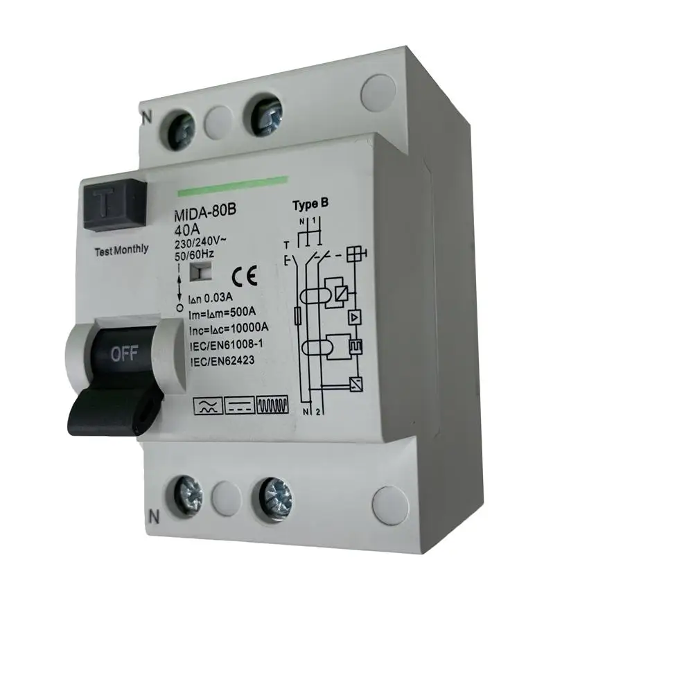 

Type B RCCB Residual Current Circuit Breaker DC ELCB 2P With 40A/63A/30mA RCD New 10KA For EV CHARGER