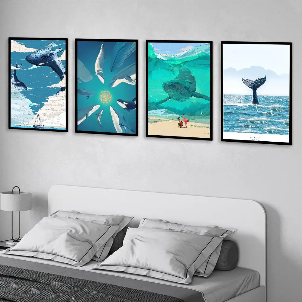 Ocean Whale Shark Swimming Poster Self-adhesive Art Waterproof Paper Sticker Coffee House Bar Room Wall Decor