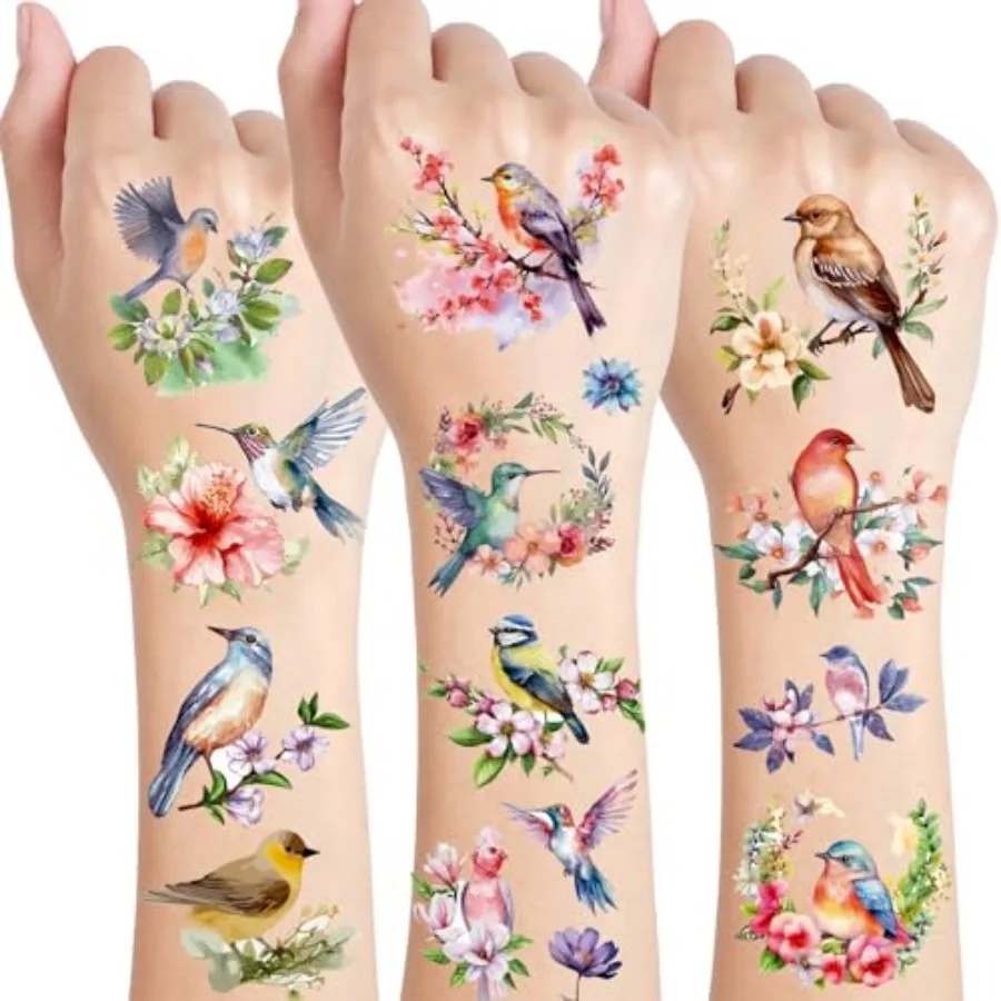 

Bird Party Favors Tattoos Temporary for Girls, 10 Sheets Fake Tattoos Hummingbird Tattoo Stickers with Flowers Bird Birthday De