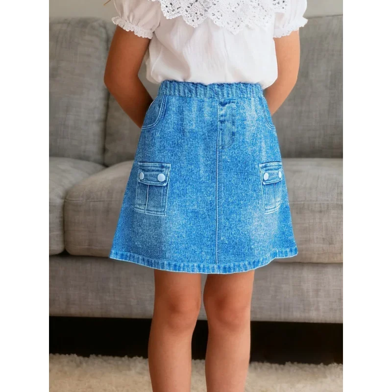 

2025 Girls Fashion Imitation Denim Skirt, Comfortable Elastic Waist Design, Soft Fabric