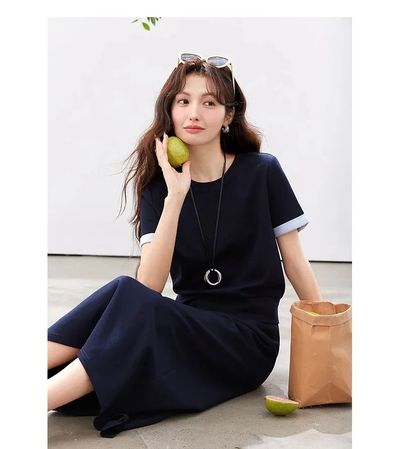 VIMLY Navy Casual Office Women's Suit 2026 Summer Contrast Folded Cuff Short Sleeve Tee Elastic Waist Straight Skirt Sets A6390
