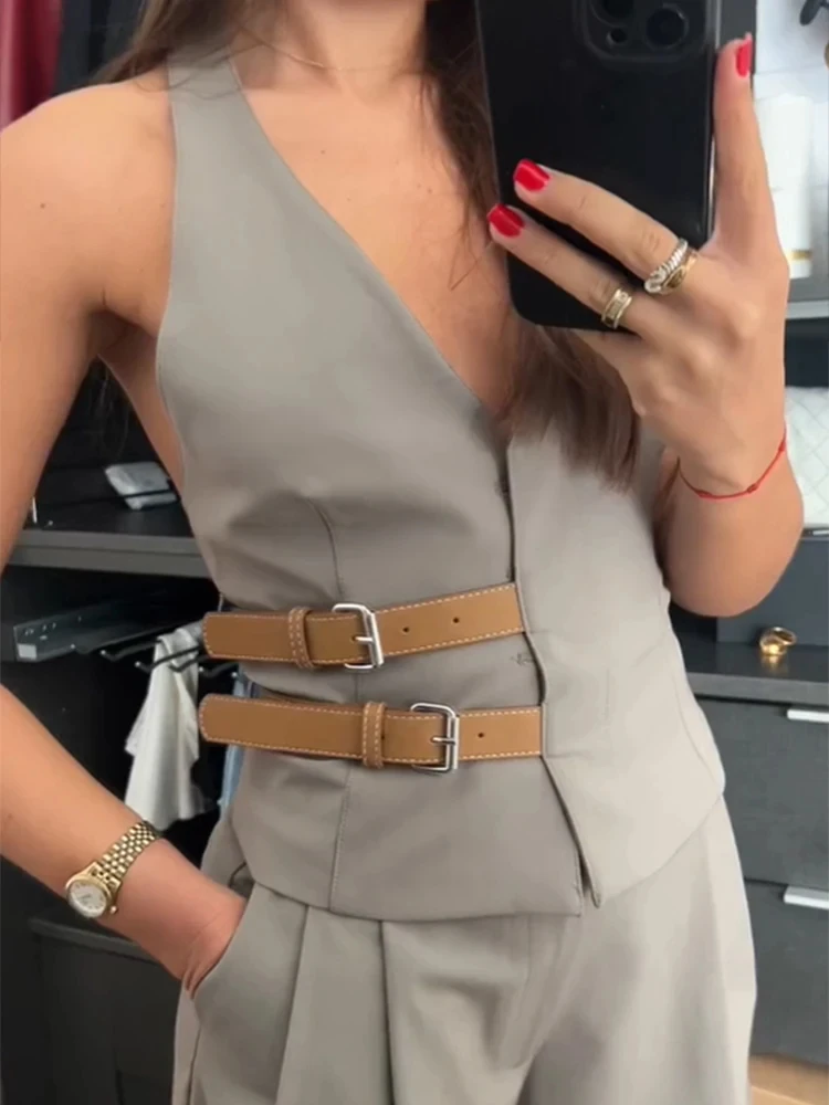 Hanging Neck Belted Halter Vest Pant Suit Solid Sleeveless Hidden Button Top Pocket Zipper High Waisted Wide Leg Pants Chic Set