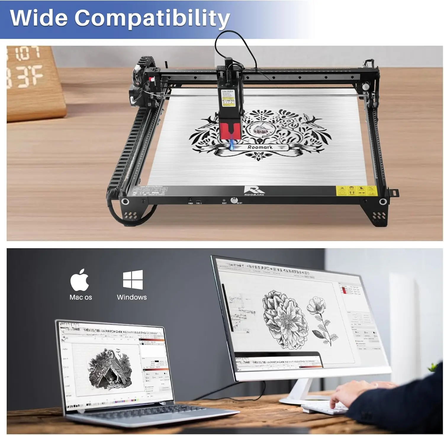 Roomark Laser Engraver Machine, 5 W Output Power High Precision Laser Cutter & Engraver for Wood Metal Acrylic Leather ，Class 4