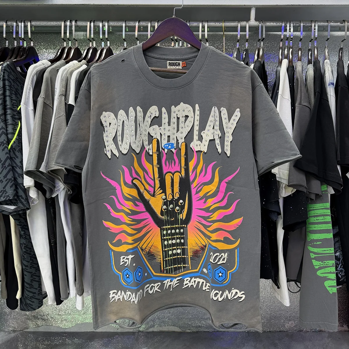 Rough Play Vintage Washed Cotton T-Shirt Short Sleeve Loose Fit Hand Gesture Guitar Print Street Style Citywalk Summer Tee