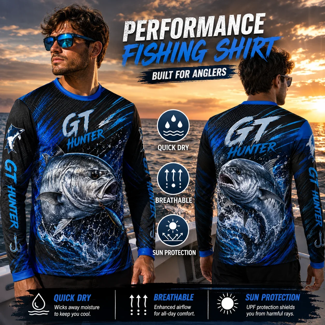 Men GT Hunter Fishing Long Sleeve T-shirt UPF50+ UV Sun Protection Quick Dry Breathable Giant Trevally Angling Shirt