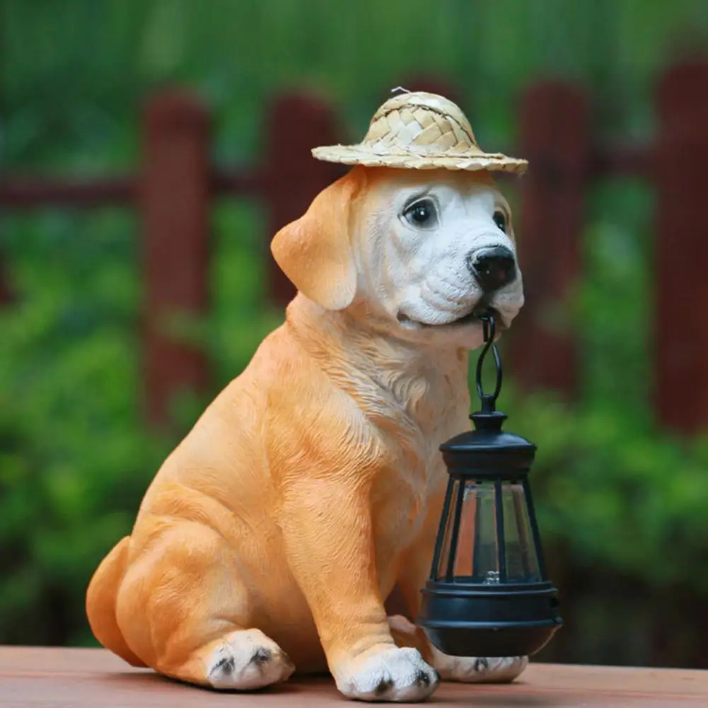 

Garden Puppy with Straw Hat Lantern Weather-resistant Puppy Sculpture Light with Solar Led Lantern for Outdoor Decor Yard Patio