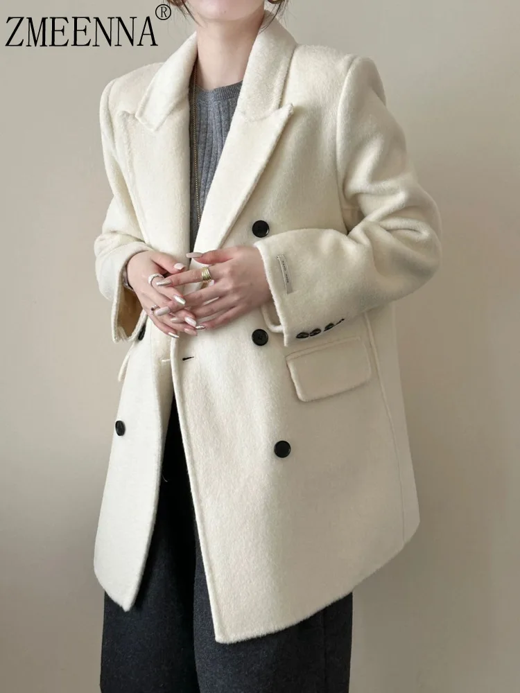 

ZMEENNA Womens Double Breasted Wool Blend Pea Coat With Notched Lapel Collar Casual Loose Mid Length Winter Jacket ZM4024