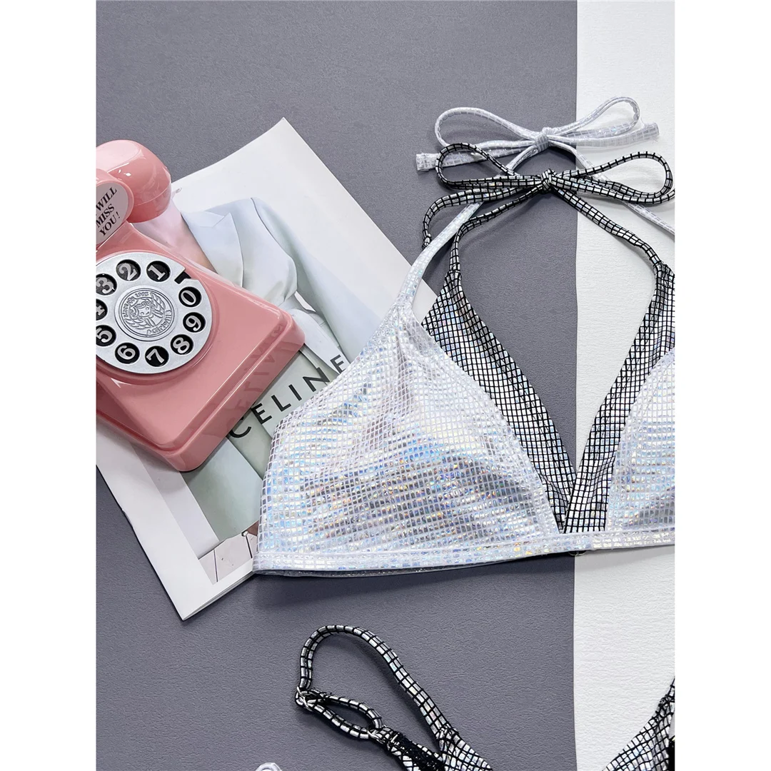 Glänzender, mit Pailletten besetzter, hoch geschnittener Bikini mit Neckholder-Ausschnitt, Damen-Badeanzug, zweiteiliges Bikini-Set, Badebekleidung, Badeanzug, Modell V4609. – Detail 11