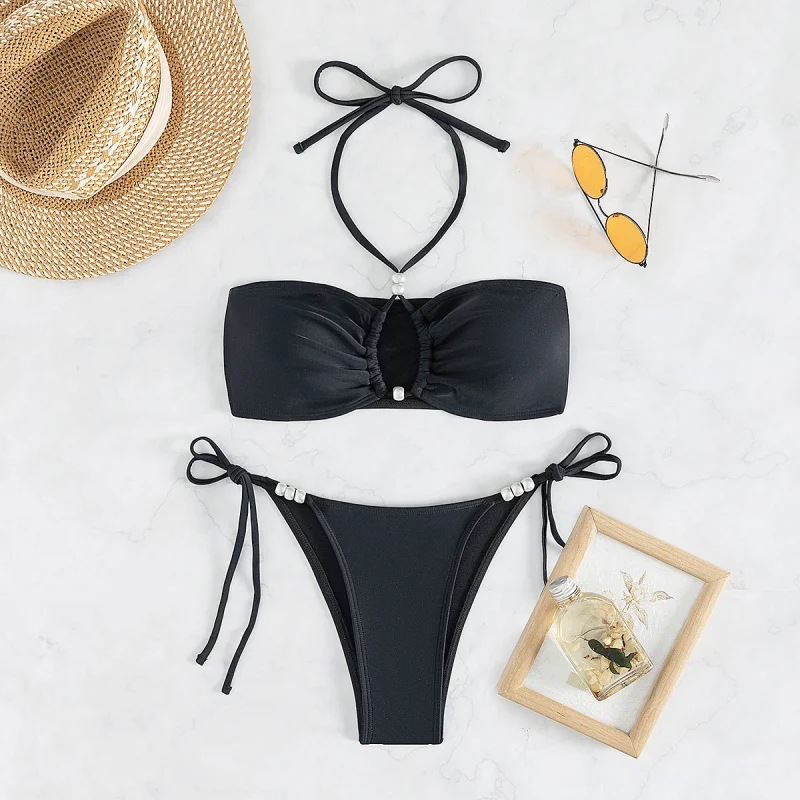 

NewbikiniHalter Neck Lace-Up Pearl Sexy Two-Piece Bikini Swimsuit for Women