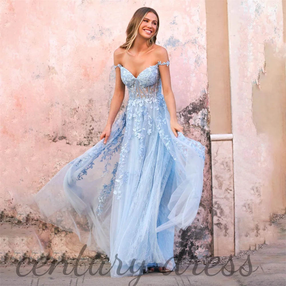 

Blue Century V-neck A Line Evening Dress Lace Applique Charming Prom Dresses Off The Shoulder Party Gown вечернее платье