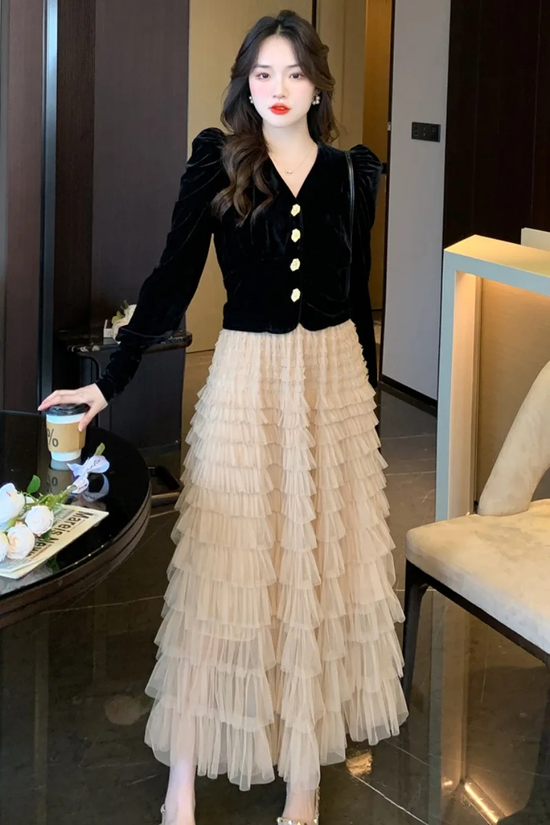 Fashion Elegant Suit Female Fall Chic Single-Breasted V Neck Velvet Top+High-Waist A Line Mesh Cake Skirt Two Piece Set Women